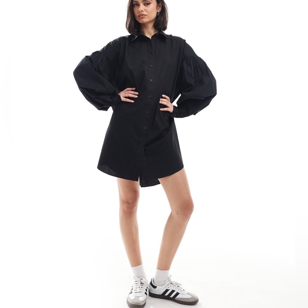 ASOS DESIGN Curve boyfriend shirt mini dress with blouson sleeve in black size 6